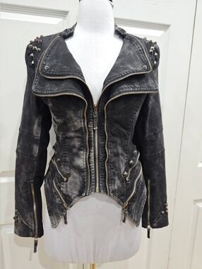 Double Zero Punk Goth Distressed Gray Zipper Studded Blazer Moto Biker Jacket S